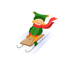 vector girl having fun enjoying sleigh ride. Flat cartoon isolated illustration. Kid sledding, ride a sledge outdoors. Winter children activity concept