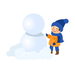 vector boy having fun with snow outdoors. Flat cartoon isolated illustration on a white background. Kid makes big snowball for snowman smiling. Winter children activity concept