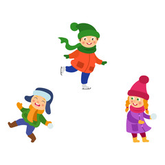 Kids, children winter activities - playing snowballs, ice scating, having fun, cartoon vector illustration isolated on white background. Kids, children enjoying winter, playing snowball, ice skating