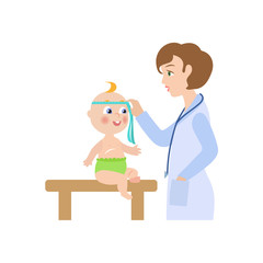 vector flat cartoon female doctor with stethoscope measuring the size of newborn infant kid head. Woman pediatrician in medical clothing and baby. Isolated illustration on a white background.
