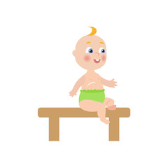 vector flat cartoon new born infant baby sitting at wooden table in green diaper side view smiling. Isolated illustration on a white background
