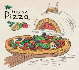 Beautiful illustration of Italian Pizza on the Cutting Board in the oven  - 175590057