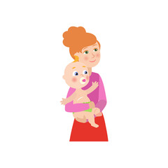 vector flat cartoon cute beautiful woman, girl holding newborn infant baby, toddler kid in her hands smiling. Isolated illustration on a white background.