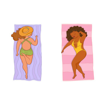 vector flat cartoon style caucasian, black plump women in colored swimsuit lying on beach mat set. Female cute character sunbathing at summer. Isolated illustration on a white background.