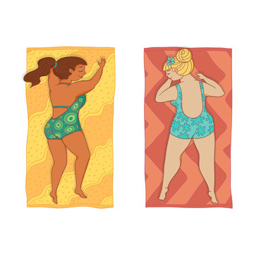 vector flat cartoon style caucasian plump women in colored swimsuit lying on beach mat set. Female cute character sunbathing at summer. Isolated illustration on a white background.