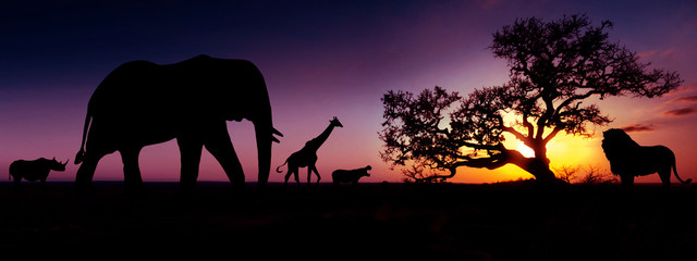 Naklejka na ściany i meble Famous african animals sunset silhouettes