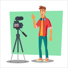 Video Blogger Vector. Cheerful Young Blogger Man. Vlog Concept. Shooting Video Clip. Flat Cartoon Illustration