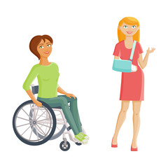 Women with disabilities - broken arm and wheelchair, flat cartoon vector illustration isolated on white background. Two women with injures, one with cast on her arms another having to use wheelchair