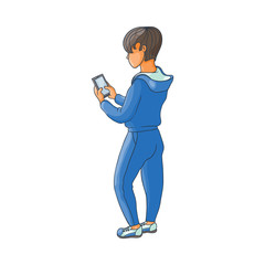vector flat teen boy in sport suit surfing the net, playing games, watching videos using smartphone. Isolated illustration on a white background. Teenagers and modern digital visual technology concept