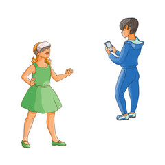 vector flat teen girl using virtual reality simulating glasses, boy using smartphone set. Isolated illustration on a white background. Teenagers and modern digital visual technology concept