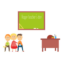 Happy teacher day greeting card with school children, kids standing at blackboard, flat cartoon vector illustration isolated on white background. School children, kids, teacher table and blackboard