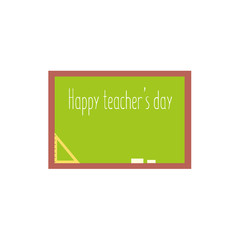 Happy teacher day greeting card template with green school board, flat cartoon vector illustration isolated on white background. School board, blackboard with Happy Teacher Day greeting text