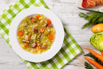 Homemade cabbage soup, cooked on smoked ribs.