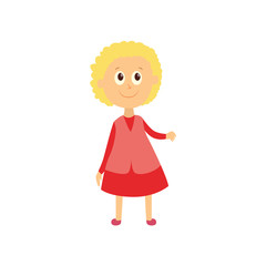 vector flat cartoon style female character - cute cheerful blonde haired girl pupil, schoolkid standing smiling in pink dress. Isolated illustration on a white background.