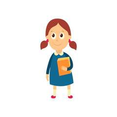 vector flat cartoon female character - cute girl pupil, schoolkid standing smiling holding books in hands. Isolated illustration on a white background.