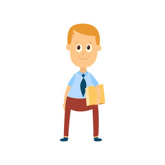 vector flat cartoon male character - cute boy pupil, schoolkid standing smiling holding books or box in hands. Isolated illustration on a white background.
