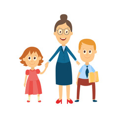 vector flat cartoon adult woman teacher in glasses hugging boy and girl kids pupils holding books, notebooks. Isolated illustration on a white background.