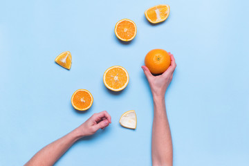 Female Hands Holds Juice Orange Fruit
