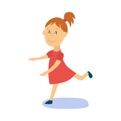 vector flat cartoon girl child dancing alone in red dress smiling. Little dancer female character. Isolated illustration on a white background. Kids party concept