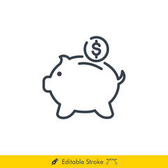 Piggy Bank Icon / Vector - In Line / Stroke Design with Editable Stroke