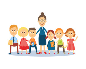 Full length portrait of female teacher standing with students, pupils, flat cartoon, comic style vector illustration isolated on white background. Funny teacher and students standing together
