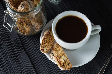 Good morning concept - cup espresso coffee with  cantucci almond biscuit