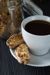 Good morning concept - cup espresso coffee with  cantucci almond biscuit
