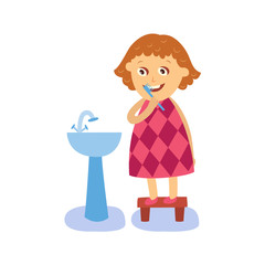 vector flat cartoon girl kid making everyday routine hygiene standing at stand near blue sink washbasin. Child character going to wash hands, brush teeth. Isolated illustration on a white background