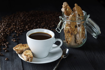 Good morning concept - cup espresso coffee with  cantucci almond biscuit