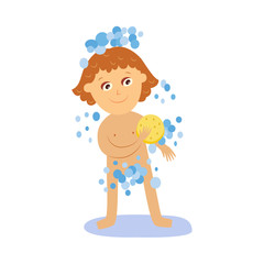 vector girl kid washing soaping, foaming herself with yellow sponge smiling. Cartoon female character isolated illustration on a white background. Daily routine concept
