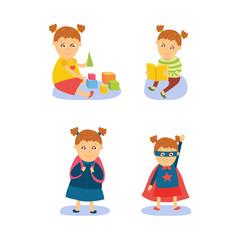 Little girl reading, playing, going to school and wearing superhero costume, flat, comic cartoon vector illustration isolated on white background. Flat cartoon little girl doing various activities