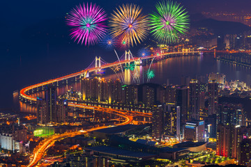 Colorful fireworks and Gwangan Bridge in Busan City , South Korea. - 175593467