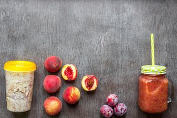 Fruit Smoothies. Peach and plum smoothie. Peach, plum and oatmeal. Delicious and healthy breakfast