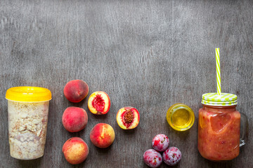 Fruit Smoothies. Peach and plum smoothie. Peach, plum and oatmeal. Delicious and healthy breakfast