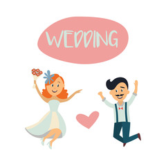 Wedding card, postcard template with funny couple, bride and groom, jumping happily, flat cartoon vector illustration isolated on white background. Funny comic wedding couple, bride and groom, jumping
