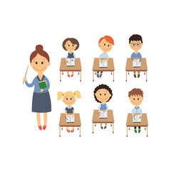 vector flat cartoon cute schoolkid character sitting at desk in elementary school smiling, teacher with pointer set. Isolated illustration on a white background. Child education back to school concept