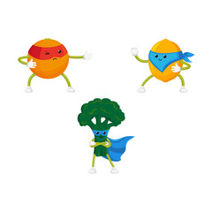 vector flat cartoon funny fruit, vegetable character in masks set. Lemon and orange standing like ninja, broccoli stands with arms crossed on chest. Isolated illustration on a white background.