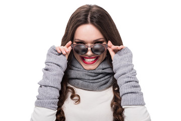 woman in arm warmers wearing sunglasses - obrazy, fototapety, plakaty