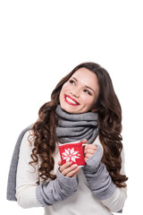 Smiling woman holding coffee mug - obrazy, fototapety, plakaty
