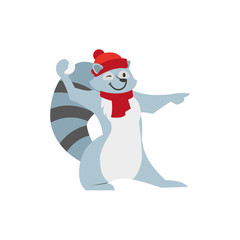 Cute little raccoon character playing, throwing, aiming snowball, winter activity, cartoon vector illustration isolated on white background. Little baby raccoon character playing snowballs