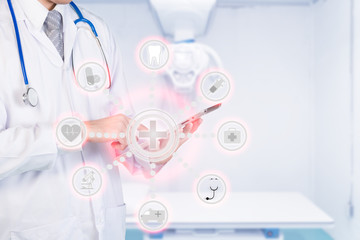 Smart medicine doctor using automation app on digital tablet in a hospital. Internet of things...