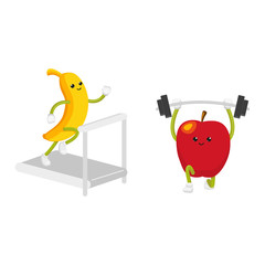 Apple and banana characters working out, weight lifting and running on treadmill, flat cartoon vector illustration isolated on white background. Funny fruit characters - apple and banana, doing sport