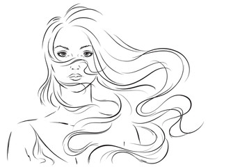 Sketch of beautiful girl with flying hair