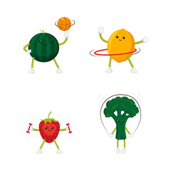 Funny lemon and strawberry training with weights and twirling a hula hoop, flat cartoon vector illustration isolated on white background. Funny fruit characters - apple and lemon, doing sport