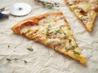 Close up of pepperoni pizza slice. Homemade pizza with thyme. Copy space for your text. Selective focus.