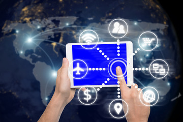 Network connection technology concept - Network connection partnership and world map. Elements of this image furnished by NASA