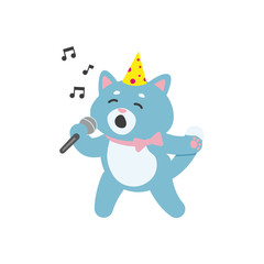 vector flat cartoon cheerful blue cat character singing in microphone wearing party hat happily smiling. isolated illustration on a white background. Animals party concept