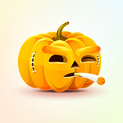 Jack-o-lantern, terrible facial expression of pumpkin smoking cigarette emotion, emoji sticker for Happy Halloween