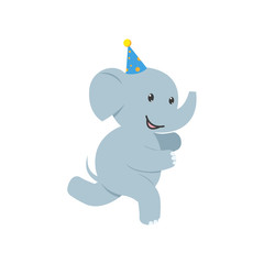 vector flat cartoon cheerful elephant kid character having fun running wearing party hat happily smiling. isolated illustration on a white background. Animals party concept