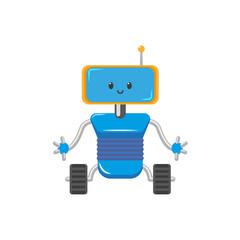 vector flat cartoon funny friendly robot. Humanoid male character with rollers or wheels - legs, arms antenna in head smiling. Isolated illustration on a white background. Childish futuristic android.